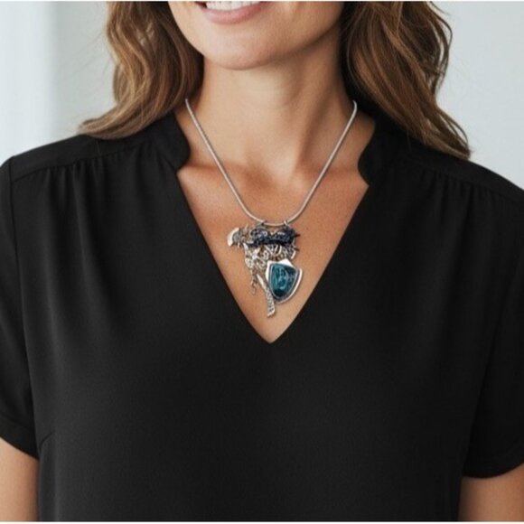 925 Sterling Silver Azurite Necklace Medieval Axe Shield Stag Mythical Fantasy - Picture 11 of 11